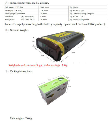portable charger for outdoor AC 110V/60HZ 220V/50HZ 200-800W DC 5V/3A 12V/5A OUT 