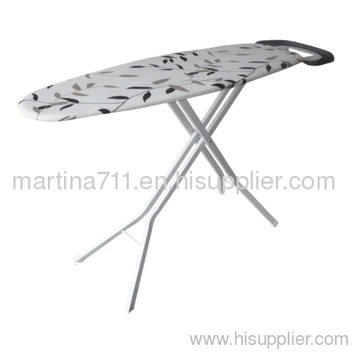 Metal mesh top ironing board with retracted iron rest