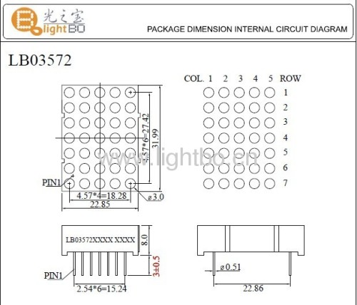 1.26 inches 3mm 5 x 7 Blue dot matrix led display