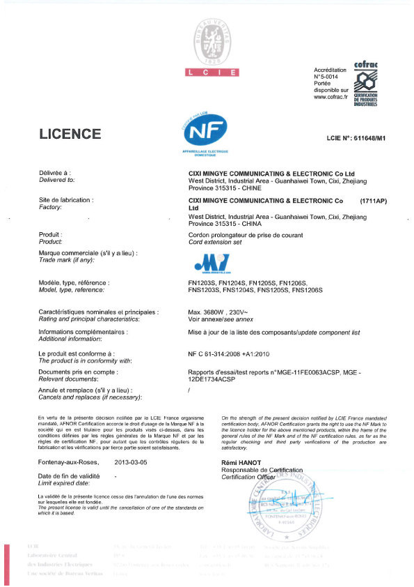 NF certificate (12 Series French Desktop socket)