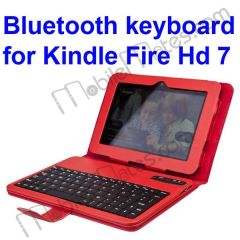 Folio Flip Stand Leather Case With Wireless Bluetooth Keyboard for Amazon Kindle Fire HD 7" Tablet (Red)