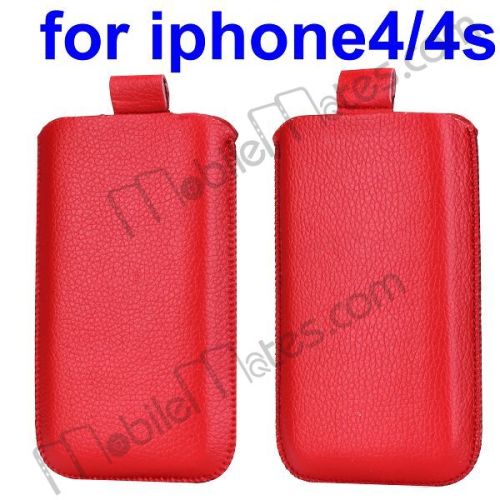 Straight Into Lichee Pattern Leather Pouch Case for iPhone 4/4S with Adjustable Belt,Size:9*14*2cm (Red)