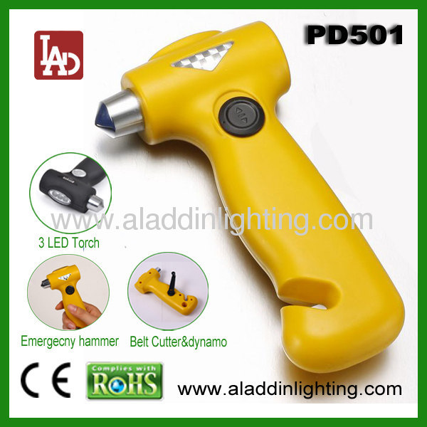4in1 dynamo emergency auto safety hammer with 3 LED torch