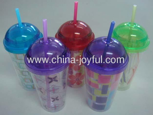 16oz Double Wall Plastic Cup with Dome Lid & Straight Straw