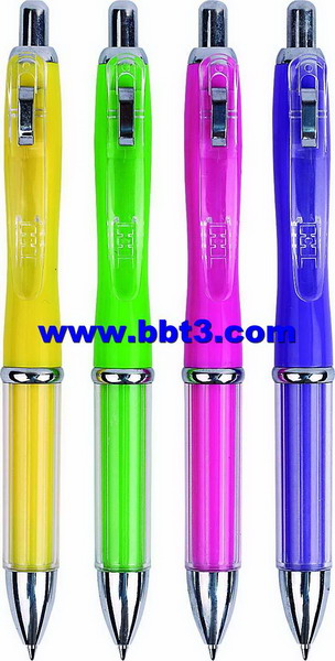 Promotional plastic ballpen with solid barrel and transparent clip