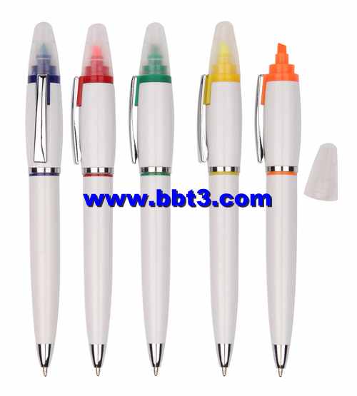 Promotional plastic ballpen and highlighter with white barrel