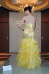 YELLOW ORGANZA BEADED EVENING DRESS