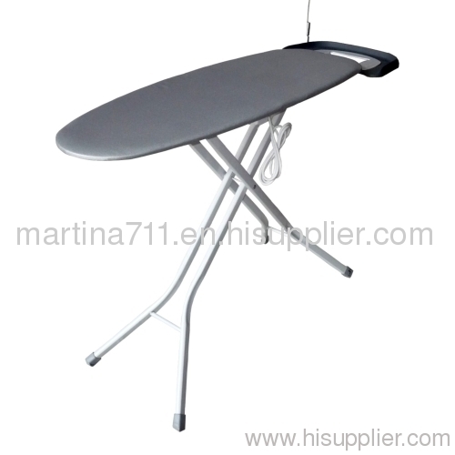 High glass metal mesh top ironing board with retracted plastic iron rest and Cable holder