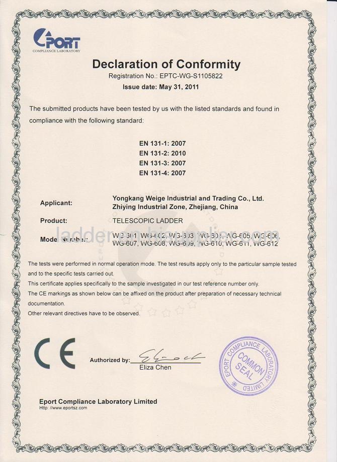 EN131 Certificate of Telescopic Ladders