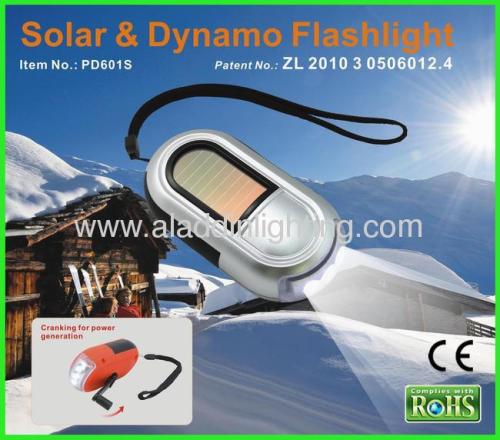 Dynamo solar powered 2 in 1 3 LED Solar Flashlight