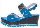 Leather Ankle Strap Wedge Heel Sandals ,7 Size Blue / Yellow PU+TPR