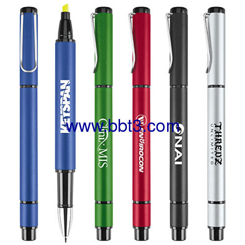 Promotional ballpoint pen with highlighter and metallic barrel