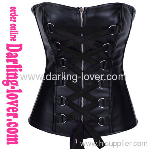 New Black Leather Lace-up Zipper Corset