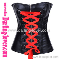 Sexy Leather Zipper Corset with Red Lace