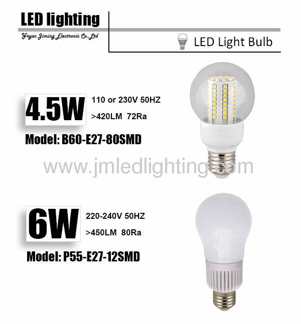 e27 b60 led lighting 4.5w 400lm 80smd dw clear