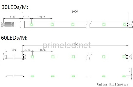 60LED/M RGB LED Flex Strips, 60LED/M, 14.4W/m, White pcb