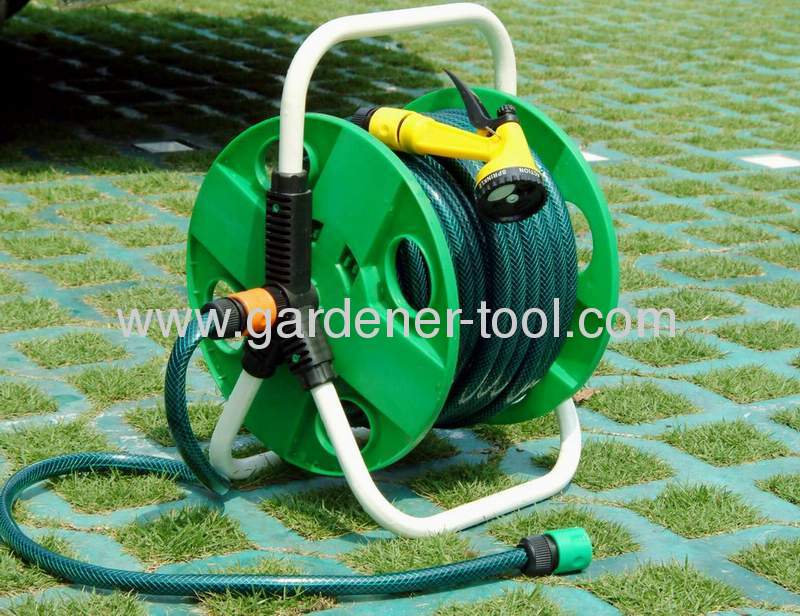 Plastic portable hose reel with 30M 13MM hose&4-pattern hose nozzle set