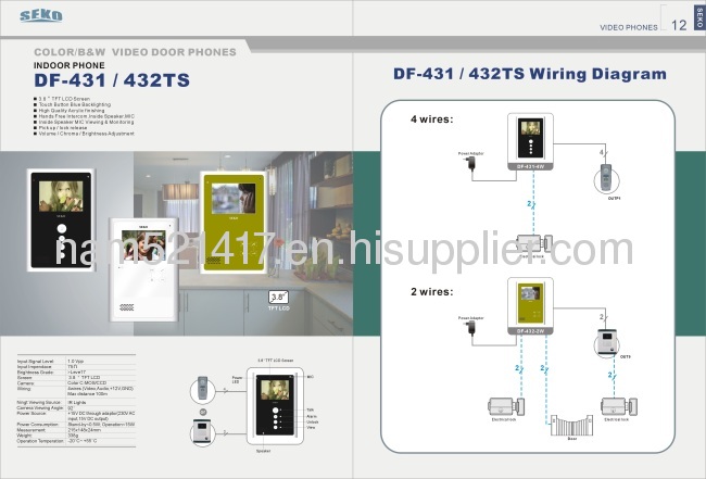 Hot selling color video door phone 4 wires night vision intercom(DF-431TS+OUT9