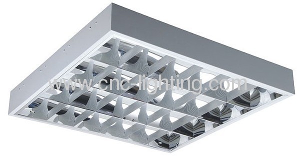 surface mounted T8 grille light fixture with louver and parabolic reflector.