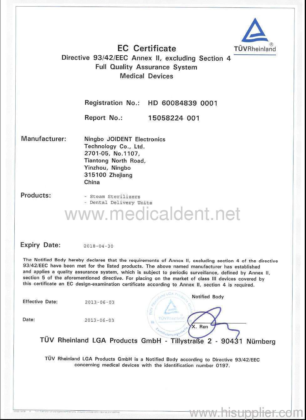 Steam Sterilizers&Dental Unit CE Certificate