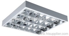 surface mounted T8 grille light fixture with louver and parabolic reflector.