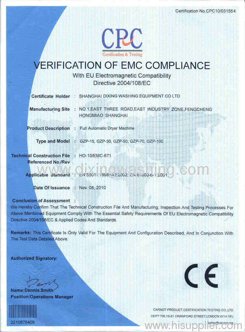 CE certification for dryer machine