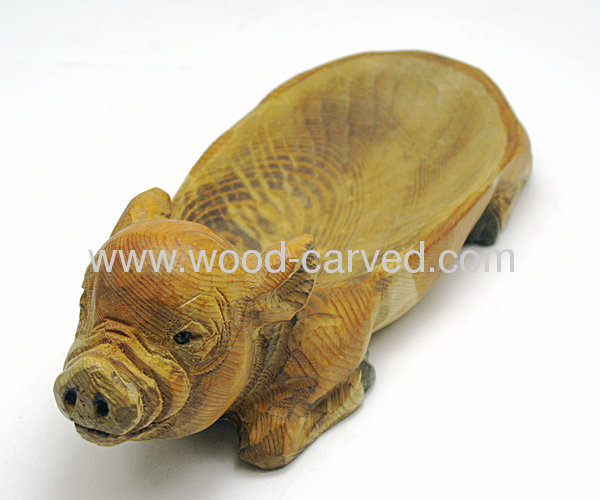 Wood carved pig soap dish