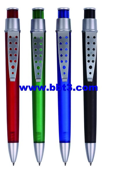 Promotional ballpen with frosted barrel and hole metal clip