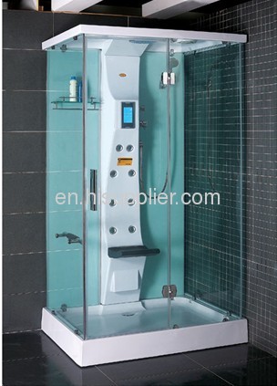 corner shower room with swing door