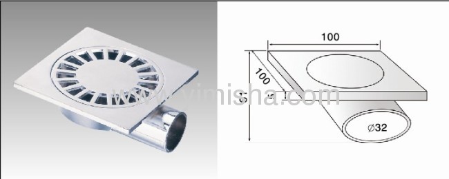 Square Zinc Alloy Chrome Plated Floor Drain with Outlet Diameter 32 mm of Elbow