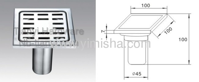 Square Stainless Steel High Siphon Floor Drain with Outlet Diameter 45mm