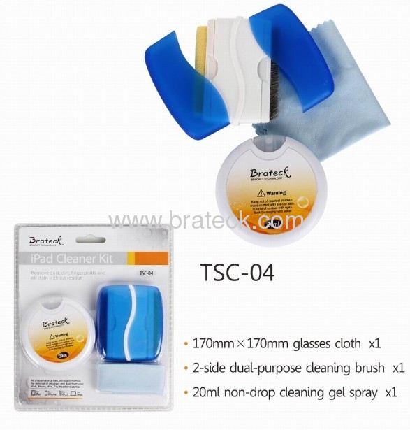 Screen cleaning kit include cloth brush and cleaning gel spray