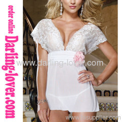 White Sexy Mesh New Fashion Lace Shoulder Wih Thong add Flowear matching G-string