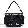 Zippered Black Pu Leather Handbag Ruched & Grace With A Bow