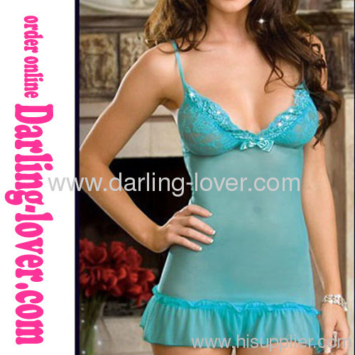 Blue Sexy Fashion Mesh Dress with low cut babydoll