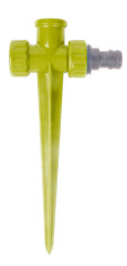 Plastic garden hose spike with double connector.