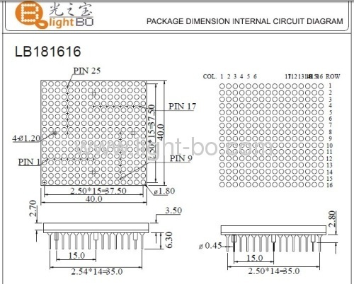 Branco brilhante Ultra 1,8 milímetro 16 x 16 Dot Matrix Display LED para quadro de mensagens, 40 x 40 x 3,5 milímetros