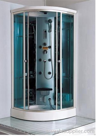 one glass shelf with shower cabins