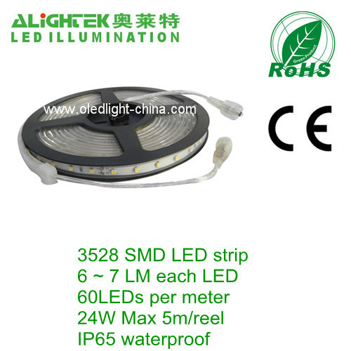 IP65 IP67 outdoor Silicon sleeved 3528 SMD LED strip 60 LEDs 4.8W per meter white color PCB 12V low voltage