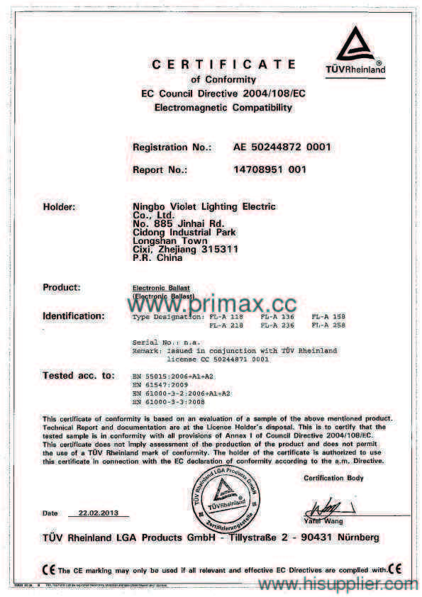 EMC Certificate for Ballasts