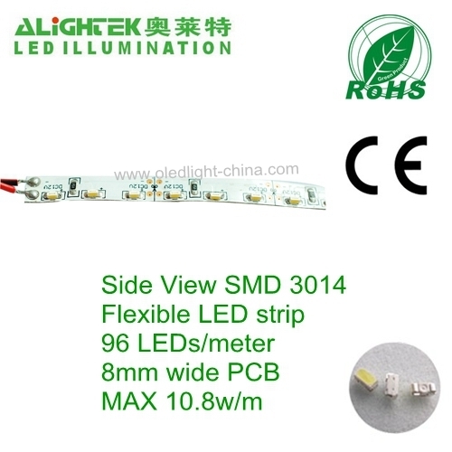 Side Illuminating Flex SMD 3014 LED ribbon light tape 96LEDs/meter 12vDC 8mm white PCB