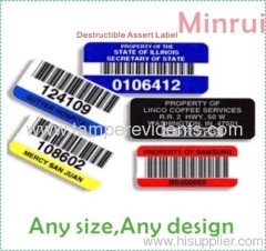 One Time Use Destructible Barcode Label,High Security Printable Barcode Label,Eggskin Asset Stickers