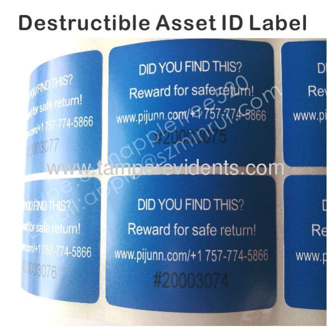 Custom Printing Blue Address Labels,Tamper Evident Asset ID Sticker, Destructible Eggskin Vinyl Labels on Rolls