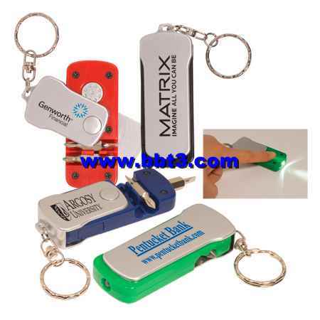 Promotional swivel keychain with tools and lighting