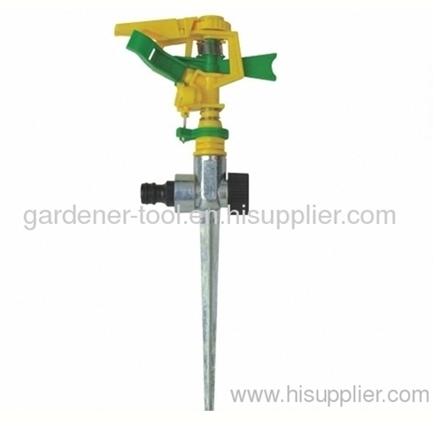 Plastic water impulse sprinkler with metal spike