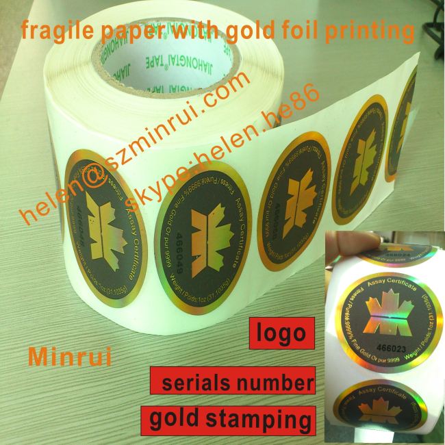 Custom High Security Hot Gold Foil Destructible Stickers with Logo and Serials Number Printing Label