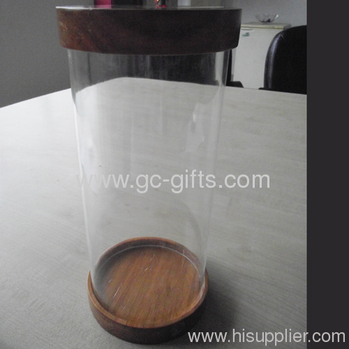 Cylindrical and useful acrylic display case with two wooden lids