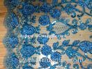 Blue Sequin Embroidered Fabric For Party , Tulle Lace Fabric