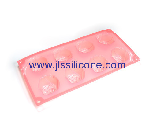 Rose shaped silicone cake baking pan with 8 cavities