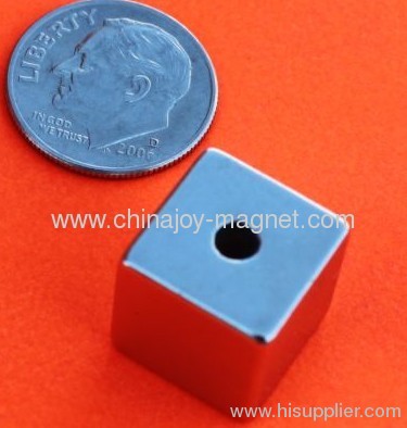 N50 1/2 Inch Cube w/Hole Parallel to Magnetization Rare Earth Magnets